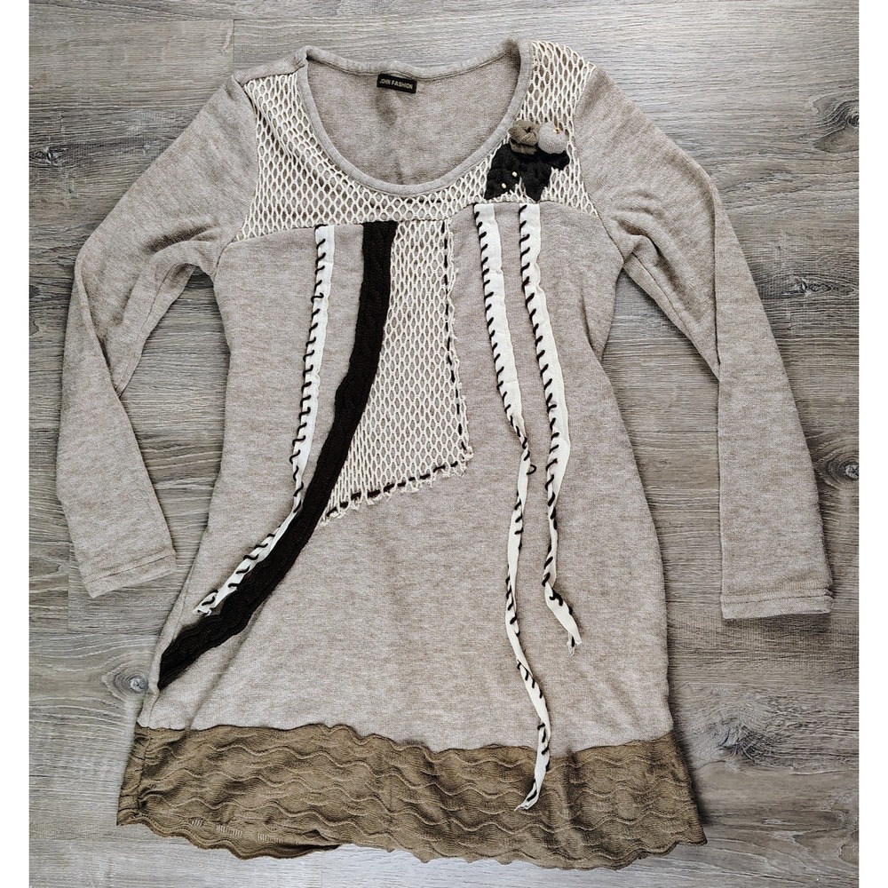 John Fashion Artsy Boho Ruffled‎ Knit Shirt Dress Large Embellished Wool Blend